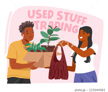 People engaged in used staff trading, exchanging and sharing via online flea market cartoon scene 125044981