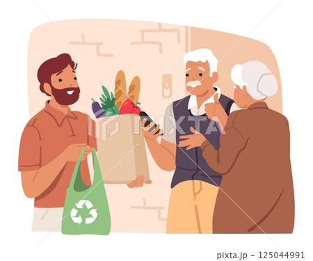 Caregiver delivering pack of food providing care and support caring for elderly people cartoon scene Caregiver delivering pack of food providing care and support caring for elderly people cartoon scene 125044991