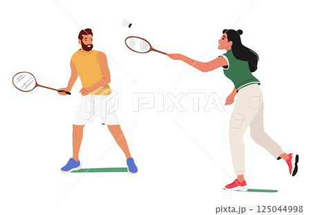Happy loving man and woman couple cartoon characters playing badminton isolated on white background Happy loving man and woman couple cartoon characters playing badminton isolated on white background 125044998