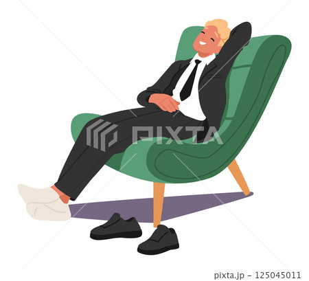 Young businessman cartoon character feeling relaxed sitting on comfortable chair isolated on white Young businessman cartoon character feeling relaxed sitting on comfortable chair isolated on white 125045011