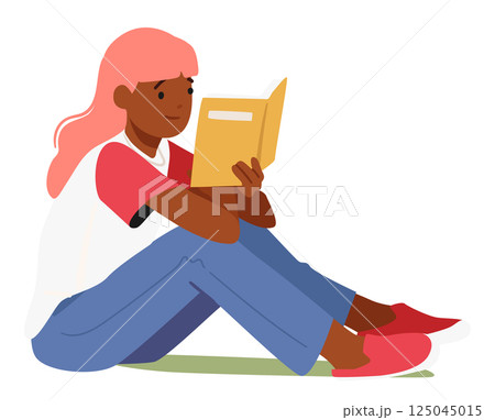 Teenage girl student cartoon character reading book preparing for exam, studying isolated on white Teenage girl student cartoon character reading book preparing for exam, studying isolated on white 125045015