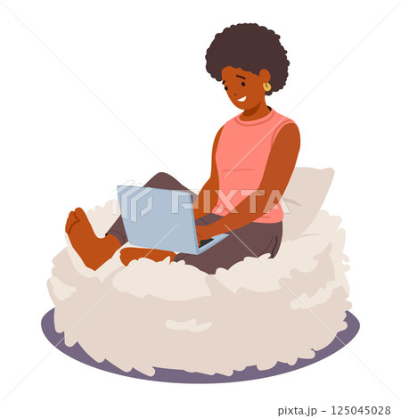 Young woman cartoon character using laptop computer sitting on comfortable puff isolated on white 125045028