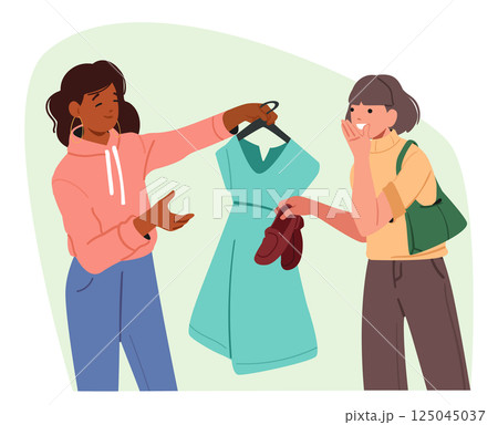 Satisfied woman buying clothes doing shopping and good commercial bargain at used stuff marketplace Satisfied woman buying clothes doing shopping and good commercial bargain at used stuff marketplace 125045037