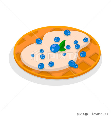 3D Isometric Flat Vector Illustration of Homemade Pastry, Assorted Belgian Waffles with Fresh Berries, Cream, and Icecream. Item 5 125045044