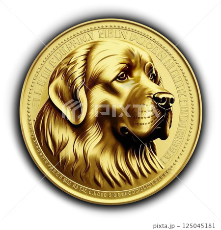 Golden portrait of a dog on a coin. White background. A charming dog is depicted on the coin. AI generated. Golden portrait of a dog on a coin. White background. A charming dog is depicted on the coin. AI generated. 125045181