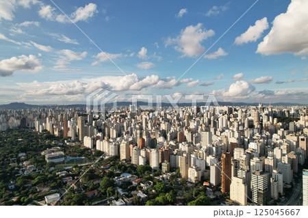 High view of Sao Paulo city skyline under a blue sky with clouds 125045667