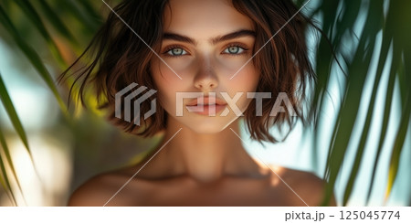 Brunette woman with bob hairstyle gazes confidently into the camera on a sunny beach day surrounded by palm trees 125045774
