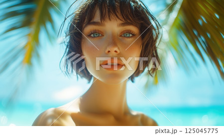 Brunette with bob hairstyle gazes at camera on sunny beach with palm trees in the background 125045775