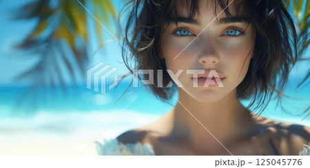 Brunette woman in white dress gazes directly at camera on a sunny beach surrounded by palm trees 125045776