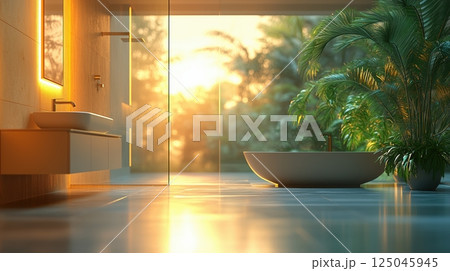 Contemporary bathroom design featuring glass shower enclosure and sleek vanity under natural sunlight with greenery accent 125045945