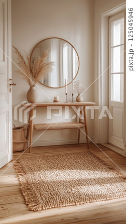 Contemporary entryway featuring a sleek console table, round mirror, and minimalist decor with natural light 125045946