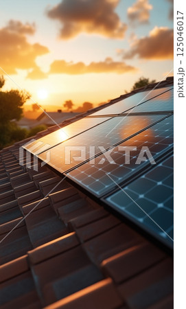 Close-up view of solar panels on a residential roof reflecting sunset and clouds, showcasing modern solar technology in action 125046017