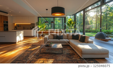 Spacious open-plan living area featuring minimalist decor, modern kitchen, and sunlit lounge with wooden flooring and elegant lighting 125046075