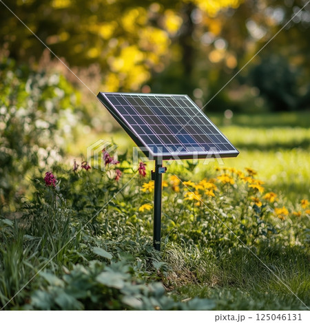 Small solar panel in a vibrant garden surrounded by blooming flowers during the afternoon 125046131