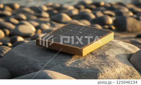 Small solar panel placed on a smooth rock amidst pebbles in a natural outdoor setting at sunset near the coastline Small solar panel placed on a smooth rock amidst pebbles in a natural outdoor setting at sunset near the coastline 125046134