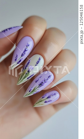 Elegant lavender nail design featuring delicate floral patterns suitable for weddings and daily occasions 125046158