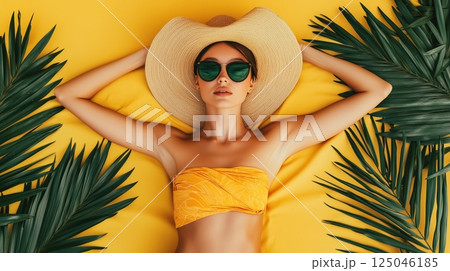 Woman sunbathing on a bright summer day at the beach surrounded by palm leaves during a fashion photo session 125046185