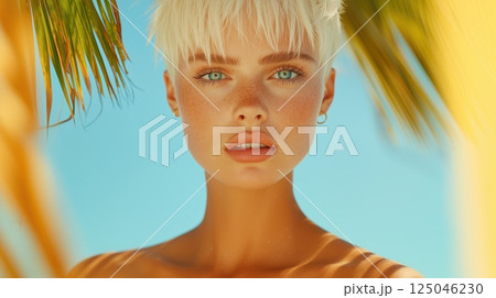 Captivating blonde woman with striking gaze enjoying a sunny day at the beach among palm trees 125046230
