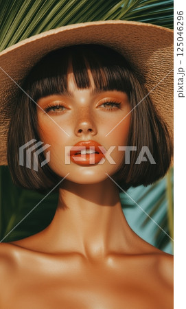Brunette woman with bob hairstyle and striking gaze enjoying a sunny beach day surrounded by palm trees 125046296