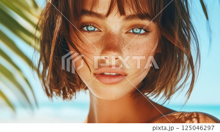 Brunette woman with piercing gaze enjoying a sunny day on the beach surrounded by palm trees and the sea while wearing a beach top 125046297