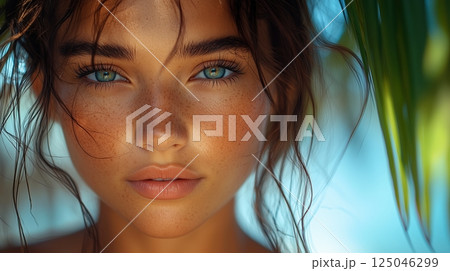Brunette woman with striking blue eyes gazes directly at the camera on a sunny day at the beach surrounded by palm trees 125046299