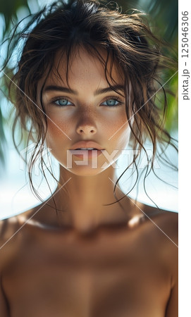 Brunette woman with striking gaze enjoying a sunny day on a beach surrounded by palm trees 125046306