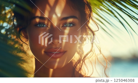 European woman enjoying a sunny beach with palm tree shadows creating a dramatic effect on her face 125046308