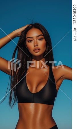 Confident model poses on rooftop in black bodysuit with striking blue sky as backdrop 125046309