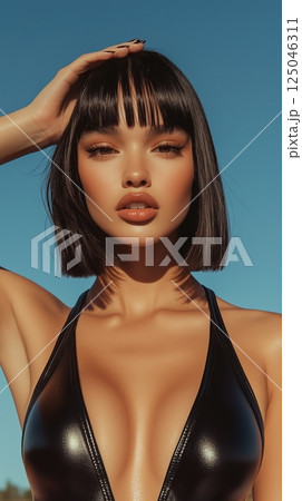 Confident model poses on rooftop wearing sleek bodysuit and stylish sneakers against vibrant blue sky 125046311