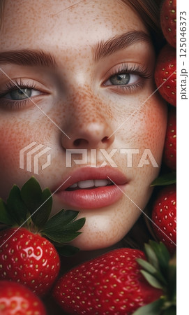 Close-up of a stunning woman with strawberries framing her face, showcasing beauty and freshness 125046373