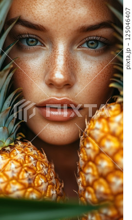 Portrait of a beautiful woman with pineapples, showcasing vibrant colors and intricate details, perfect for magazine covers and creative photography Portrait of a beautiful woman with pineapples, showcasing vibrant colors and intricate details, perfect for magazine covers and creative photography 125046407