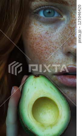 Captivating portrait of a beautiful woman holding an avocado near her face in a creative and aesthetic setting with intense detail Captivating portrait of a beautiful woman holding an avocado near her face in a creative and aesthetic setting with intense detail 125046420