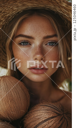 Portrait of a beautiful woman with coconuts showcasing natural beauty and aesthetics in a creative outdoor setting 125046460