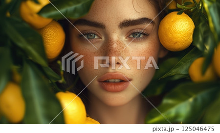 Beautiful woman surrounded by citrus fruits captures the essence of natural beauty with vibrant colors and intricate details in a stunning magazine cover-worthy shot Beautiful woman surrounded by citrus fruits captures the essence of natural beauty with vibrant colors and intricate details in a stunning magazine cover-worthy shot 125046475