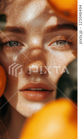 Portrait of a stunning woman surrounded by citrus fruits highlighting beauty and freshness in a vibrant setting 125046494
