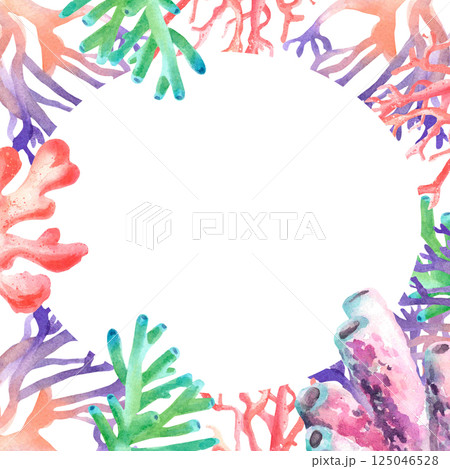 Watercolor oval frame made of colorful neon corals Watercolor oval frame made of colorful neon corals 125046528