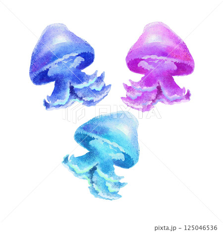 Set of Watercolor Multicolored Neon Jellyfish Set of Watercolor Multicolored Neon Jellyfish 125046536