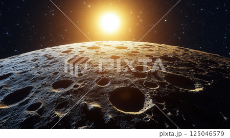 Lunar dawn awakens over the rugged surface of the Moon, showcasing craters and rocky terrain under a starry indigo sky 125046579