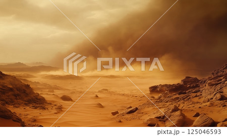 Majestic view of a Martian sandstorm revealing the harsh beauty and desolation of the Red Planet during a turbulent atmospheric event 125046593