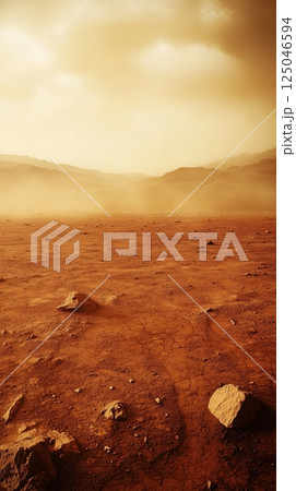 Expansive view of martian landscape during a sandstorm revealing desolation and surreal beauty of the red planet under weak sunlight Expansive view of martian landscape during a sandstorm revealing desolation and surreal beauty of the red planet under weak sunlight 125046594
