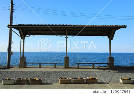 快晴の空と瀬戸内海が一望できる冬のJR下灘駅（日本 愛媛県伊予市） 125047641