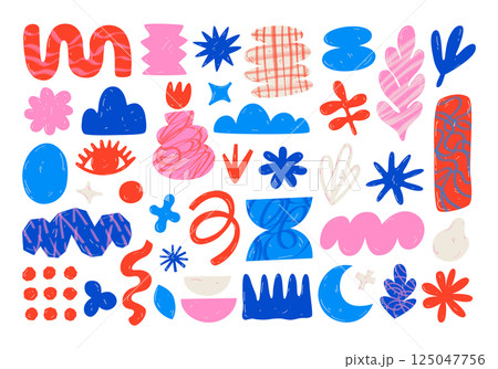A set of hand-drawn whimsical abstract geometric shapes and objects. Modern three-dimensional figures, various organic elements in doodle style for decoration. Boho style, aesthetics, grunge, retro. 125047756