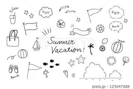 手描きのかわいい夏休み素材イラストセット 海のシンプルアイコン 手描きのかわいい夏休み素材イラストセット 海のシンプルアイコン 125047886