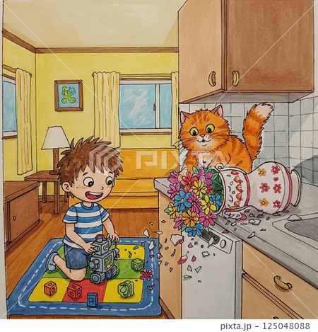 子育てあるある?猫も加わった想定外の展開(キッチン) 子育てあるある?猫も加わった想定外の展開(キッチン) 125048088