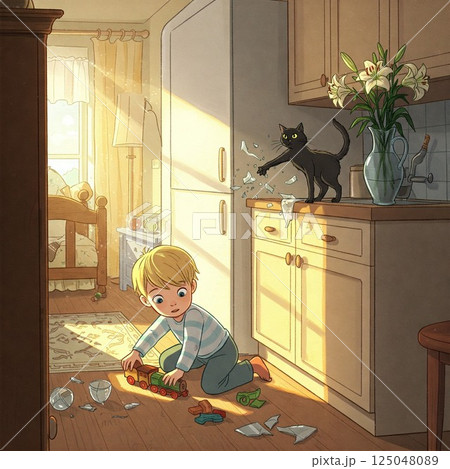 子育てあるある?猫も加わった想定外の展開(キッチン) 子育てあるある?猫も加わった想定外の展開(キッチン) 125048089