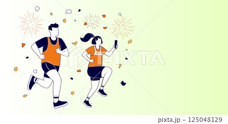Marathon Runners Celebrating with Fireworks 125048129