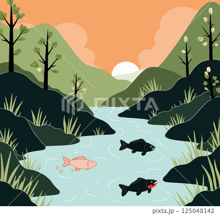 River Landscape with Fish River Landscape with Fish 125048142