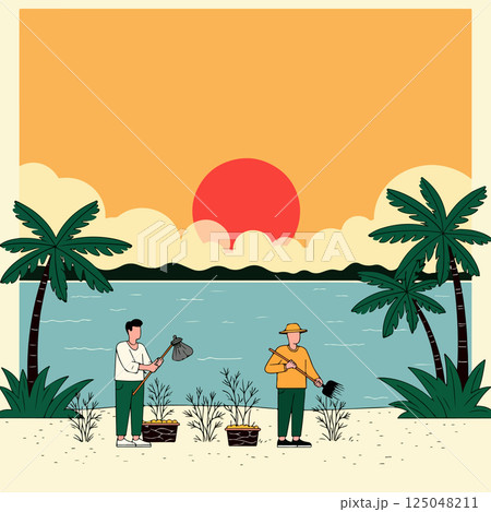 Beach Cleanup at Sunset 125048211