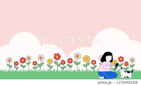 Girl with Cat in Flower Field 125048289
