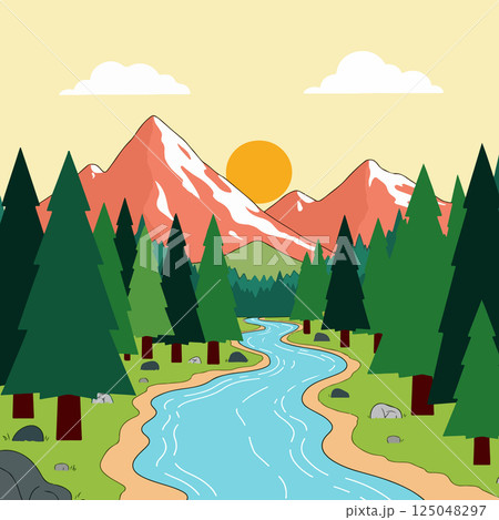 Cartoon Landscape with River and Mountains Cartoon Landscape with River and Mountains 125048297